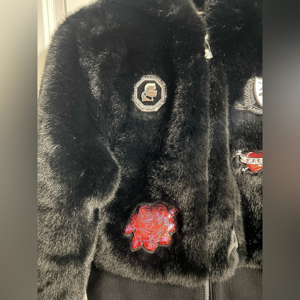 Karl Lagerfeld Faux Fur Logo Patch Bomber Jacket - Picture 5 of 17